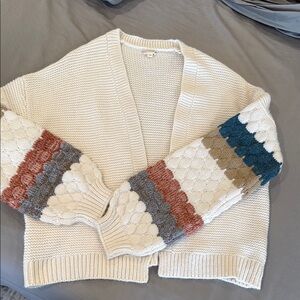 Cream Knit Women's Cardigan Sweater with Multicolor Patterned Sleeves